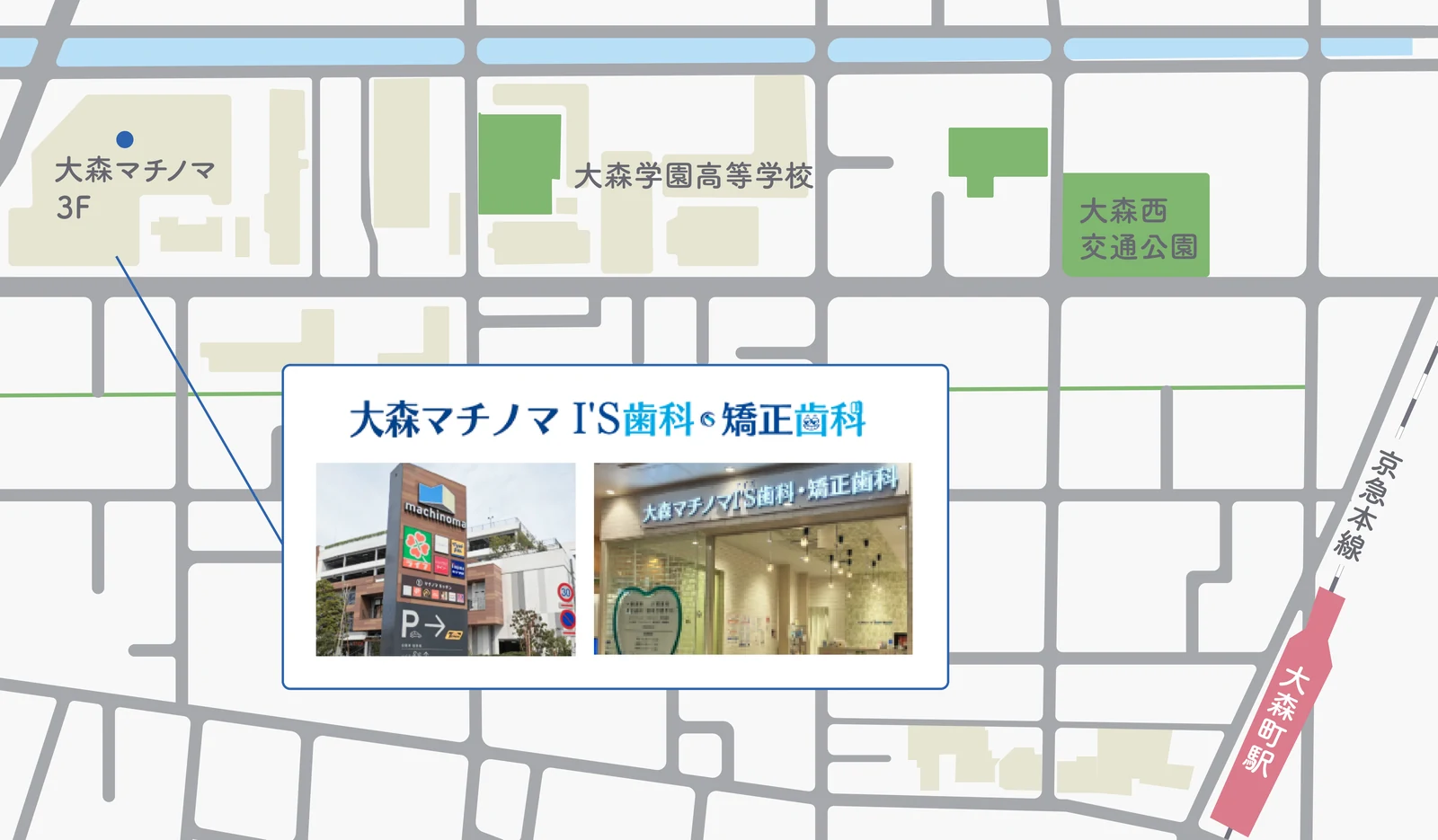 大森町の歯医者 大森マチノマI'S歯科・矯正歯科の地図（京急線大森町駅から徒歩約10分）